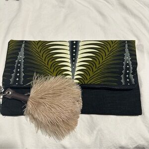 NEW Zipper Fold Over Green Clutch Bag with Feather Tassel-made in Zambia, Africa